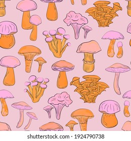 Beautiful cartoon mushrooms. Seamless pattern. Print for backgrounds, printing on fabric, paper, wallpaper, packaging.