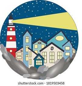 Beautiful cartoon night town by the sea with pebbles and a lighthouse. in the background the night sky.