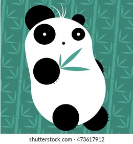beautiful cartoon panda baby eating bamboo in the background bamboo lush green flat design