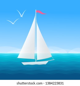 Beautiful cartoon panorama of seascape with floating yacht and seagulls. Vector illustration