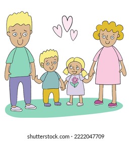 Beautiful cartoon portrait. Happy family illustration