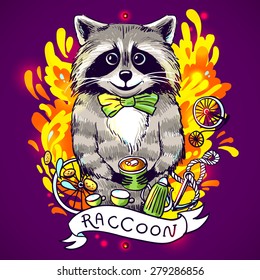 Beautiful cartoon poster raccoon drinks black tea