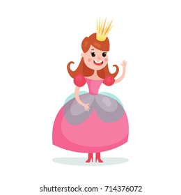 Beautiful cartoon princess girl character in a pink ball dress and crown colorful vector Illustration