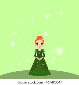 Beautiful cartoon princess with lights on the green background. Vector illustration