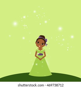 Beautiful cartoon princess with lights on the light green background. Vector illustration