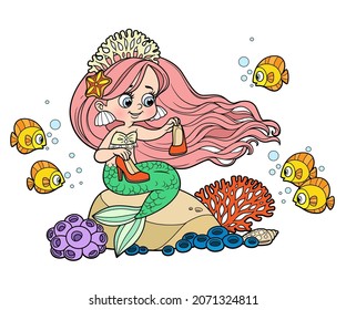 Beautiful cartoon princess mermaid in tiara wonders what to do with high heel shoes color variation for coloring page