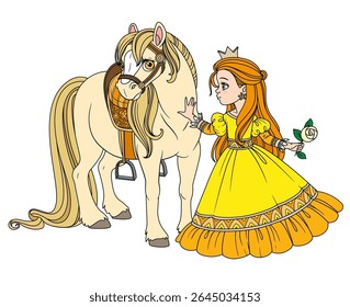 Beautiful cartoon princess in yellow dewss stroking a horse on white background