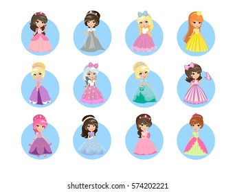 Beautiful cartoon princesses icons set. Cute little girls with diadems on hair and long evening gown isolated flat vectors. Fairytale girls in gorgeous dresses illustrations for kids greeting cards