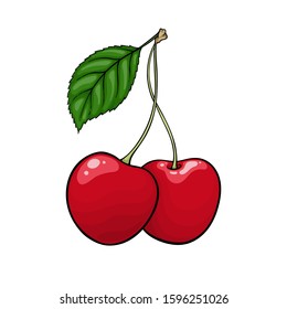 Beautiful cartoon red cherry with black contour, symbol of summer. design for holiday greeting card and invitation of seasonal summer holidays, beach parties, tourism and travel.