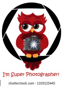 A beautiful cartoon red owl with a camera sits on the camera's diaphragm. Concept photography, vocations, photo business
