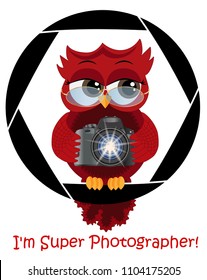 A beautiful cartoon red owl with a camera sits on the camera's diaphragm. Concept photography, vocations, photo business