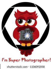 A beautiful cartoon red owl with a camera sits on the camera's diaphragm. Concept photography, vocations, photo business