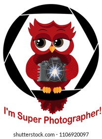 A beautiful cartoon red owl with a camera sits on the camera's diaphragm. Concept photography, vocations, photo business