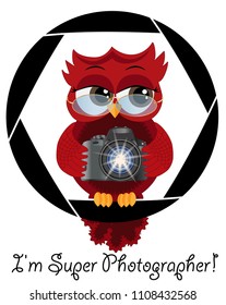 A beautiful cartoon red owl with a camera sits on the camera's diaphragm. Concept photography, vocations, photo business