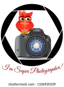 Beautiful cartoon red owl sits on the button Start the camera in the frame of the camera's aperture. Concept photography, vocations, photo business