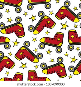 Beautiful cartoon red roller skates and yellow stars isolated on white background. Childish cute seamless pattern. Vector flat graphic hand drawn illustration. Texture.