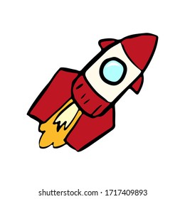 Beautiful cartoon rocket icon. Side view. Hand drawn vector graphic illustration. Isolated object on a white background. Isolate.