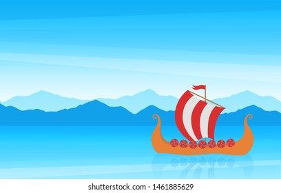 Beautiful cartoon scenic Seascape with mountain shore and scandinavian Medieval Sailboat Drakkar, Vector banner illustration with copy space for travel agency. Boat trips on yachts.