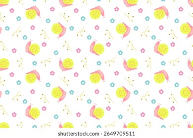 Beautiful cartoon seamless pattern. Pink snail smiling on flowers and plants background. For wallpaper, textile, background, packaging or website.