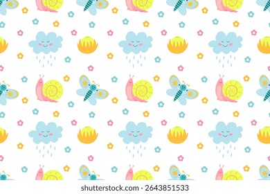 Beautiful cartoon seamless pattern. Snail is smiling,  cute cloud with raindrops,  bright yellow flower, and  butterfly. Environment. For wallpapers, textiles, backgrounds, packaging, or websites.