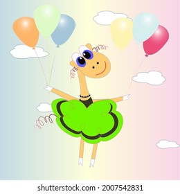 A beautiful cartoon sheep flying on balloons. Vector illustration.