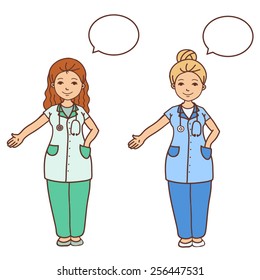Beautiful cartoon smiling nurse and doctor on white background.