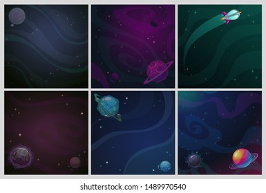 Beautiful cartoon space backgrounds set. Vector cosmic illustrations.