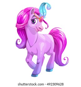 Beautiful cartoon standing young horse with purple curly hair and blue plume. Vector beautiful girlish illustration for girls t shirt print design. Pony princess icon, isolated on white.