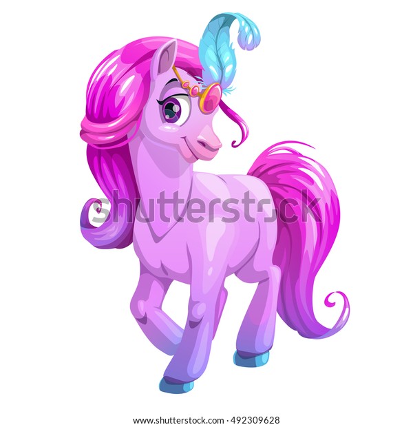 紫の巻き毛と青の羽毛を持つ若い馬を立てた美しい漫画 女の子用のベクター画像の美しい女の子向けイラスト 白い背景にポニー のプリンセスアイコン のベクター画像素材 ロイヤリティフリー