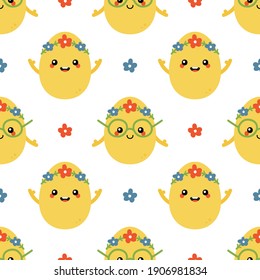 Beautiful cartoon style easter egg characters with flowers vector seamless pattern background for spring and Easter design.