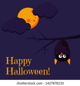 Beautiful cartoon style Happy Halloween greeting card with cute black bat hanging upside down on a branch and full orange moon, clouds on dark night background. Vector flat design holiday illustration