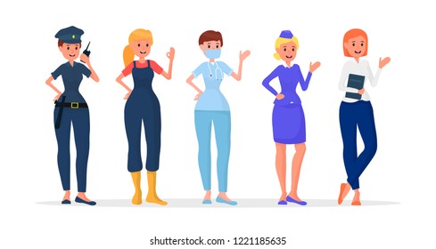 Beautiful cartoon style women characters set. People with different profession. Policewoman, farmer, doctor, stewardess, secretary person. Flat vector illustration isolated on white background.
