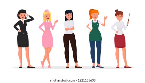 Beautiful cartoon style women characters set. People with different profession. Businesswoman, nurse, secretary, waitress, teacher person. Flat vector illustration isolated on white background.