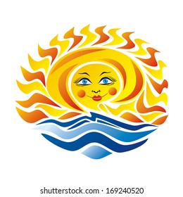 Beautiful cartoon sun and sea wave vector illustration
