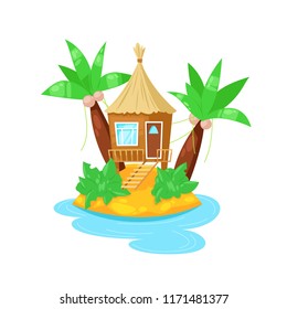 Beautiful cartoon tropical island, tropical hotels in ocean with palm trees and bungalow hut. Summer landscape of surrounding nature, for relaxation, trip. Landscape of island. Vector illustration.