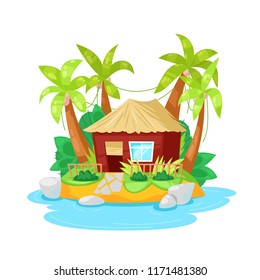 Beautiful cartoon tropical island in ocean with palm trees and bungalow hut. Summer landscape of surrounding nature, for relaxation. Landscape of island. Travel, rest, vacation. Vector illustration.