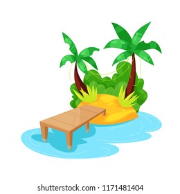 Beautiful cartoon tropical island in ocean with palm tree, beach with berth. Summer landscape of nature, outdoors, for relaxation. Landscape of island. Travel, rest, vacation. Vector illustration.