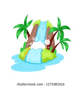Beautiful cartoon tropical island in ocean with palm trees and big waterfall. Summer landscape of surrounding nature, for relaxation. Landscape of island. Travel, rest, vacation. Vector illustration.