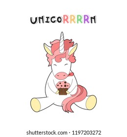 Beautiful cartoon unicorn art in a flat style. Design for baby clothes. Magical animal.  Cute unicorn character. Vector illustration.