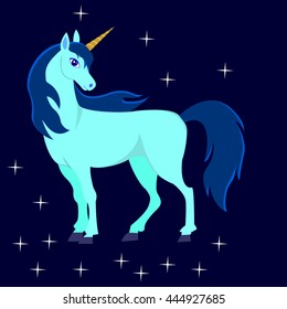 Beautiful cartoon the Unicorn character with the stars on a blue background.