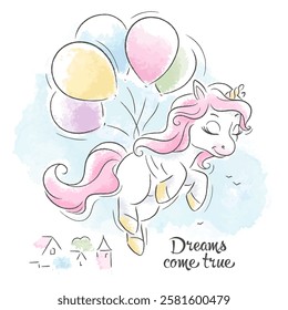 Beautiful cartoon unicorn flying on balloons. Cartoon character. Fashion illustration, drawing in modern style for clothes. Cute unicorn.