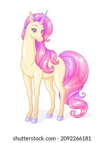 Beautiful cartoon unicorn with long pink mane and tail. Vector illustration isolated on white background.