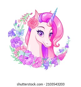 Beautiful cartoon unicorn with pink mane surrounded with flowers. Vector illustration isolated on white background.