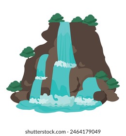Beautiful cartoon waterfall landscape illustration with vibrant nature, serene water flow, and lush green foliage, perfect for ecofriendly tourism and travel poster design
