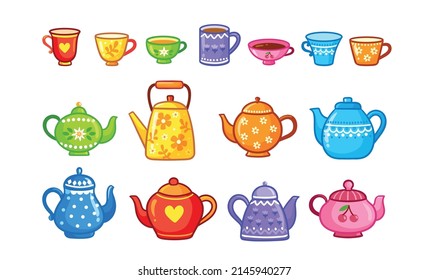 Hermoso equipo de viento de caricatura con utensilios de cocina y tetera. Colección de té y tazas soplada con viento. Té de fiesta, café.