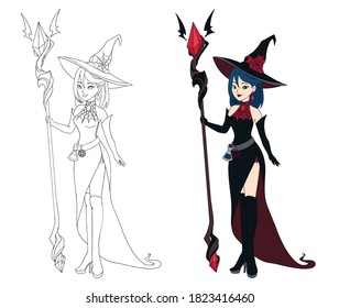 Beautiful cartoon witch holding big staff. Blue hair, black dress and big hat. Hand drawn vector illustration for coloring book. Isolated on white