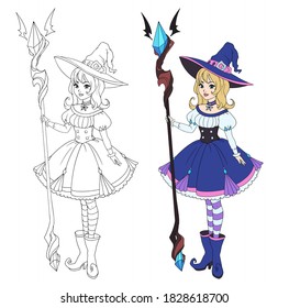 Beautiful cartoon witch holding big staff. Blonde hair, blue dress and big hat. Hand drawn vector illustration for coloring book. Isolated on white