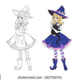 Beautiful cartoon witch holding black cat. Blonde hair, blue dress and big hat. Hand drawn vector illustration for coloring book. Isolated on white
