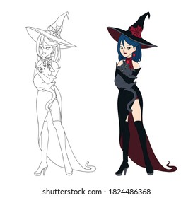 Beautiful cartoon witch holding grey cat. Blue hair, black dress and big hat. Hand drawn vector illustration for coloring book. Isolated on white