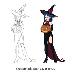 Beautiful cartoon witch holding Halloween pumpkin. Blue hair, black dress and big hat. Hand drawn vector illustration for coloring book. Isolated on white